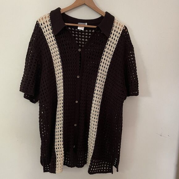 Earthbound Men’s Crochet Open Knit Button Down Top XXL Brown Resort Festival - Picture 1 of 10